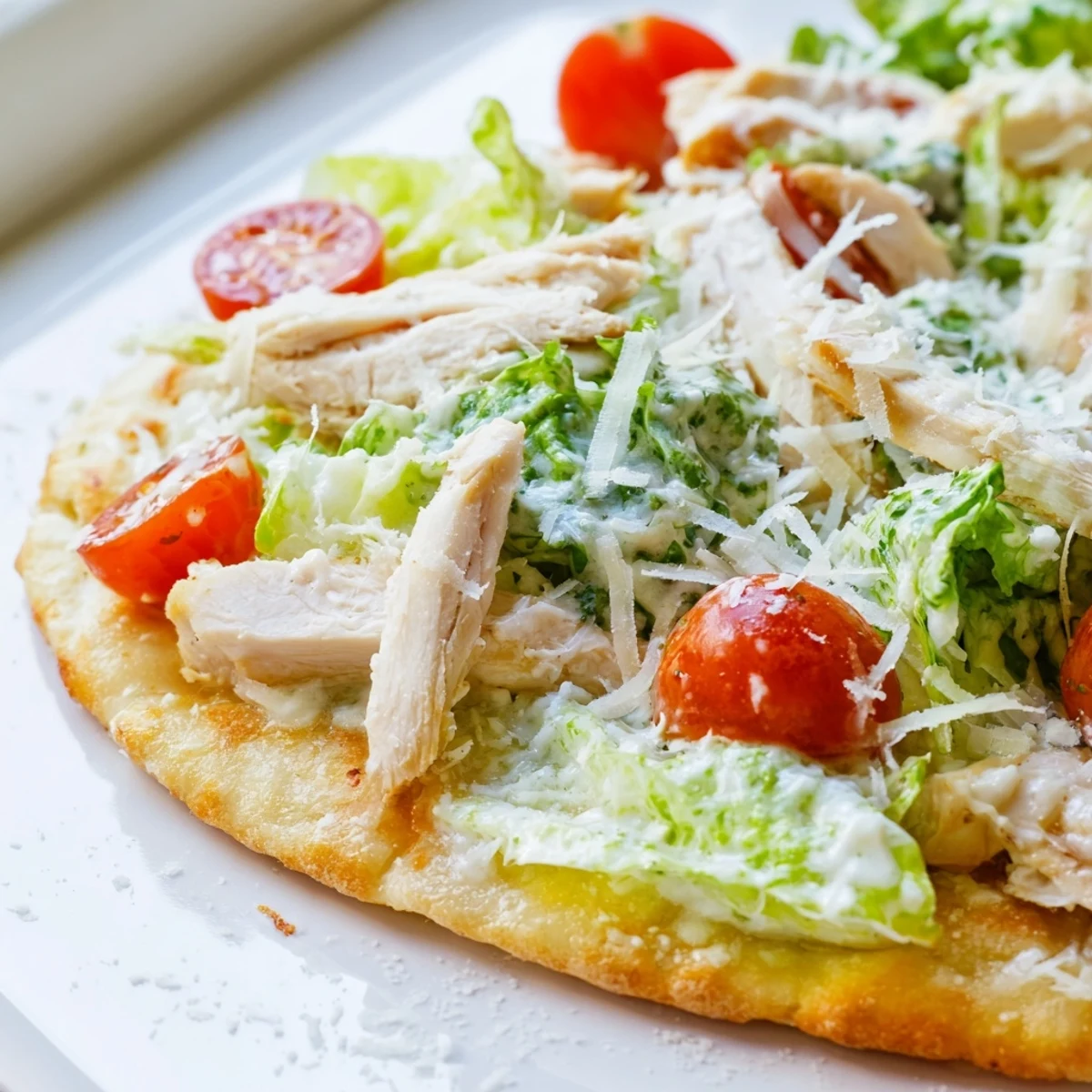 Warm Chicken Caesar Flatbread topped with shredded parmesan, fresh lettuce, and a drizzle of tangy Caesar dressing.  