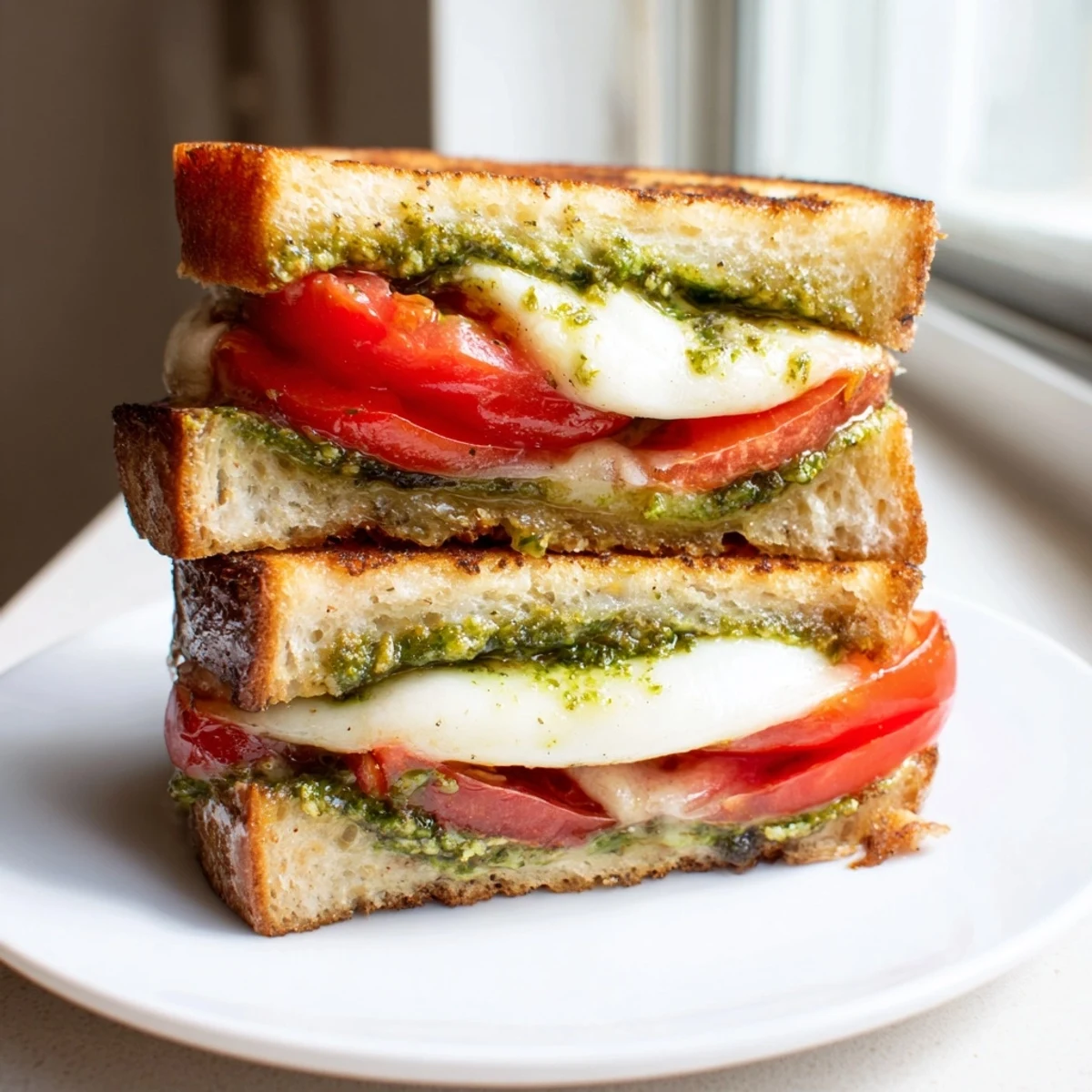 Golden-brown sourdough grilled cheese sandwiches layered with fresh mozzarella, ripe tomato slices, and vibrant green basil pesto.