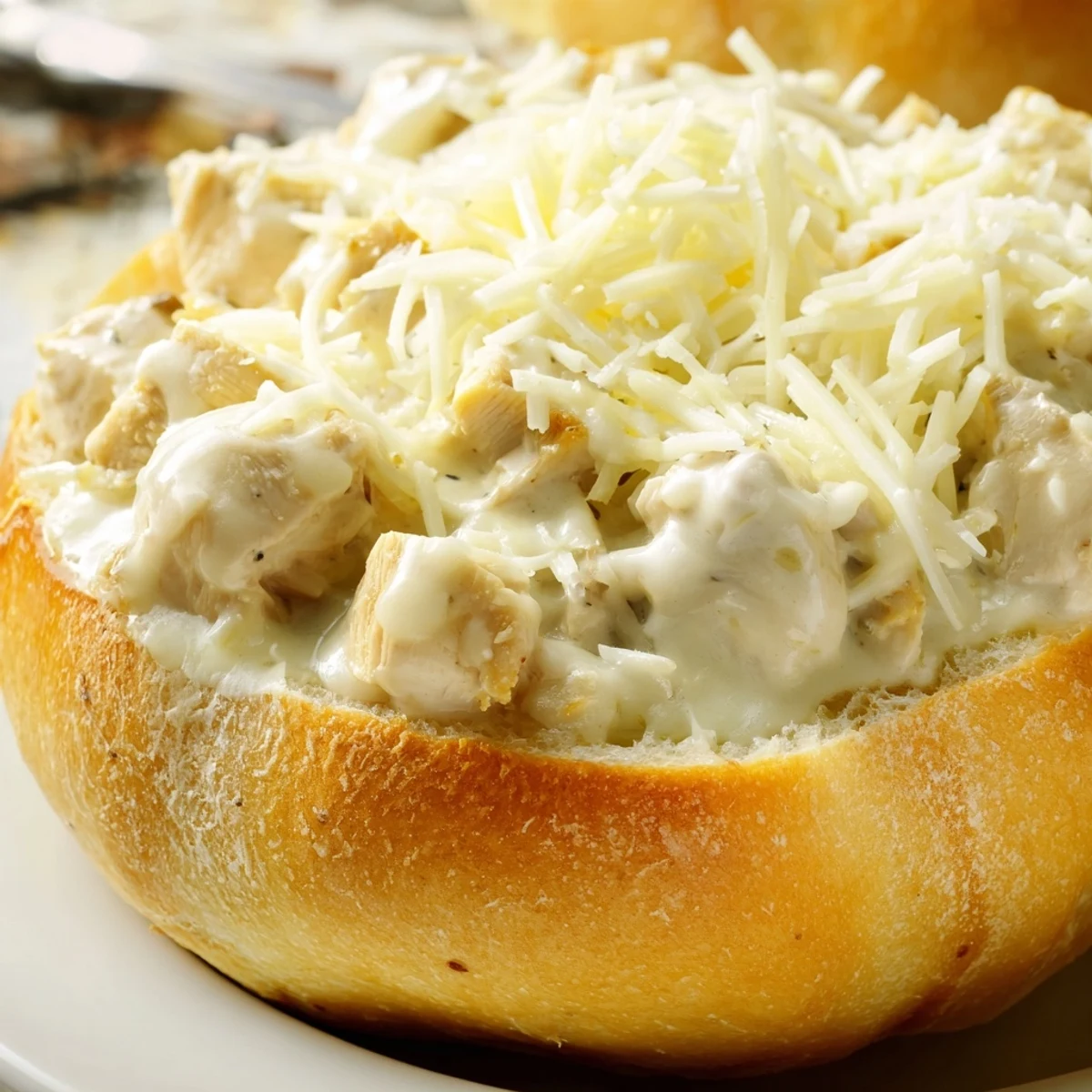 A golden bread bowl brimming with creamy chicken Alfredo, topped with a generous sprinkle of fresh Parmesan cheese.  