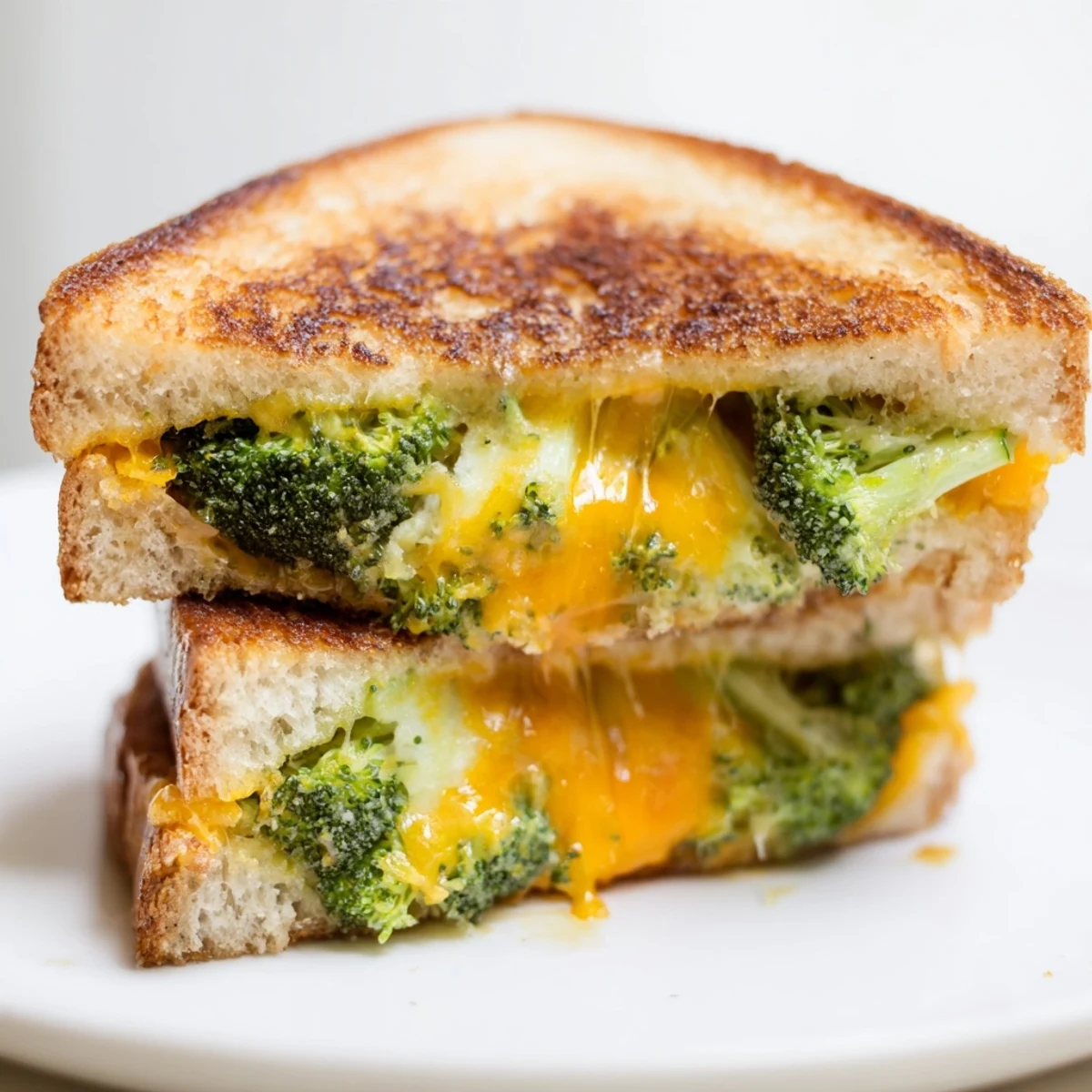 A close-up of a Roasted Broccoli & Cheddar Grilled Cheese, featuring melted sharp cheddar peeking out of crispy, golden-brown sourdough bread.