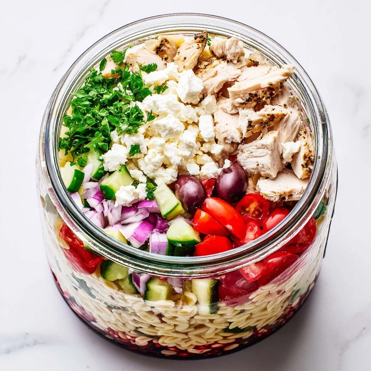 Clear glass mason jars display colorful layers of Greek pasta chicken salad with orzo, juicy chicken, and briny olives.