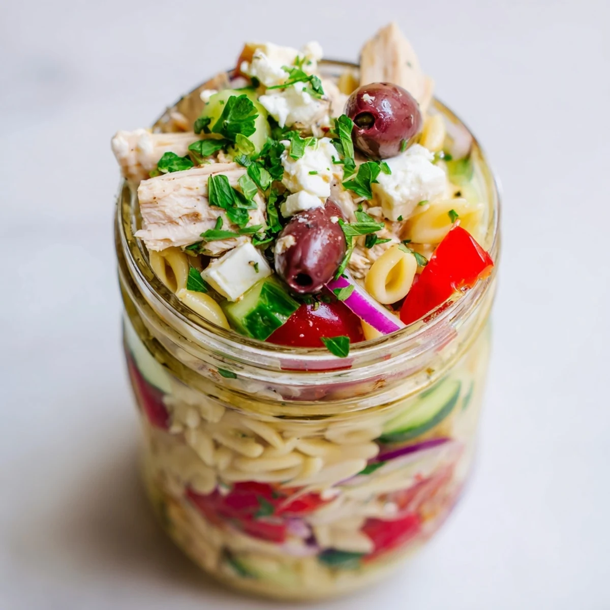 Healthy Greek pasta chicken salad in mason jars shows orzo, chicken, olives, and feta ready to serve.