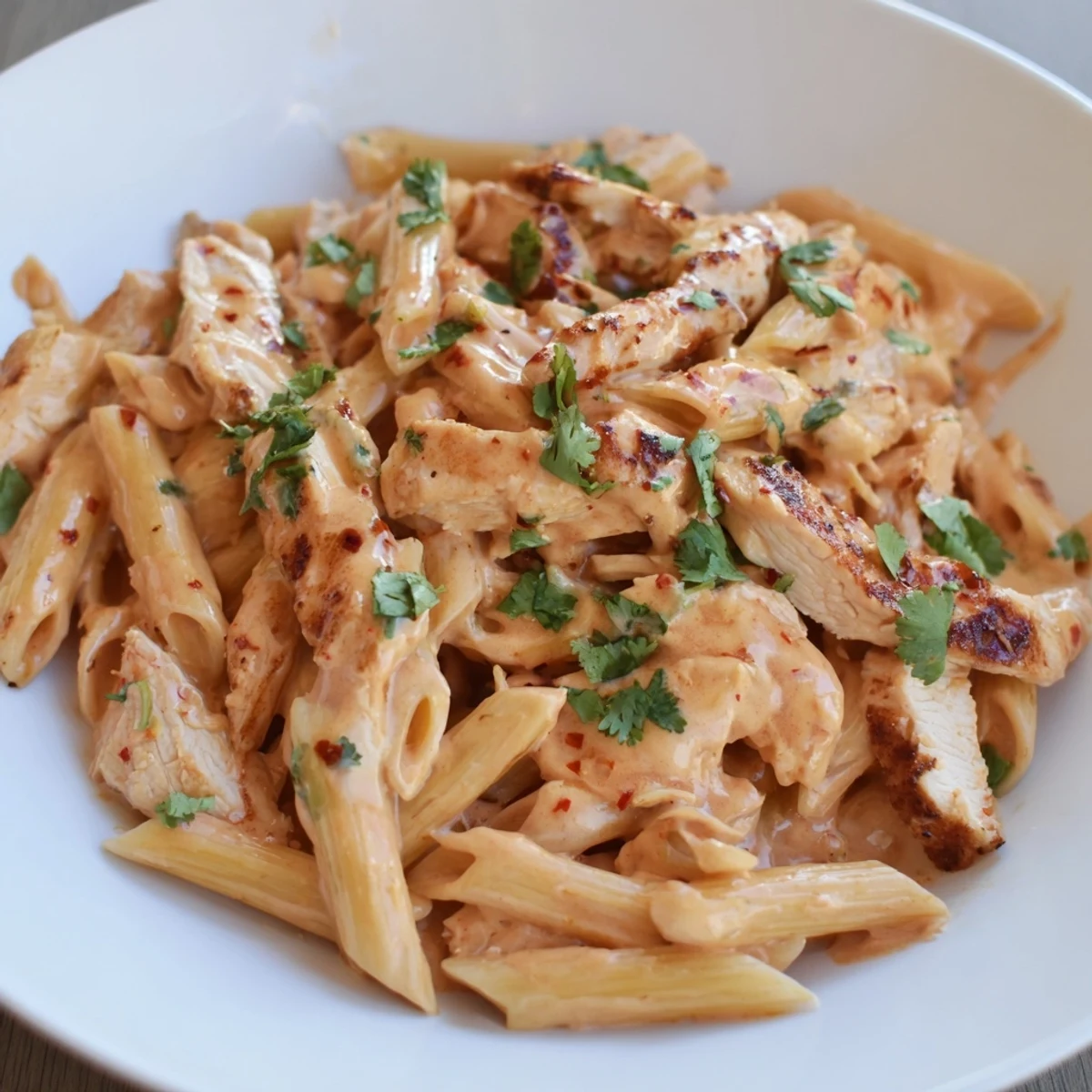 Sizzling skillet of honey chipotle chicken pasta, penne and chicken tossed in a smoky sauce, garnished with fresh cilantro.