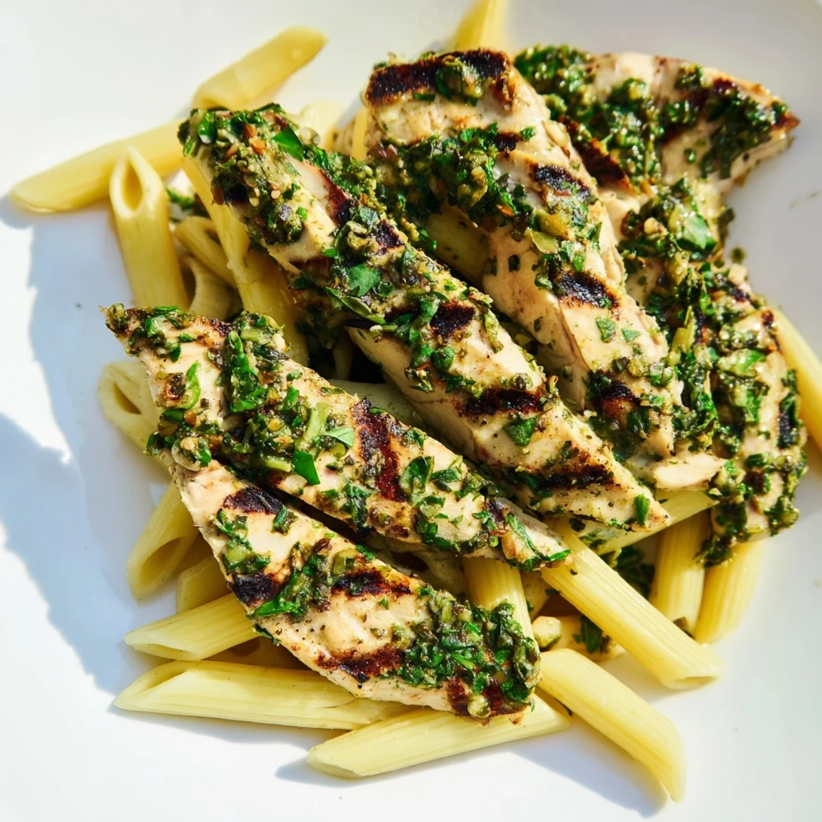 Tender grilled chicken and penne pasta coated in zesty chimichurri sauce, served with lemon wedges for a bright, herby fusion meal.