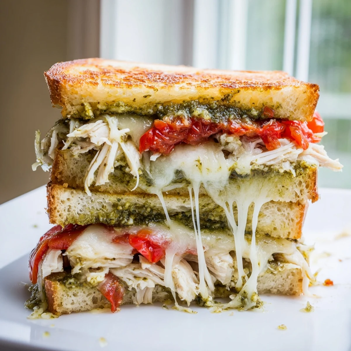 A close-up of a golden, buttery Mozzarella Pesto Chicken Grilled Cheese, with melted cheese oozing from the toasted sourdough.