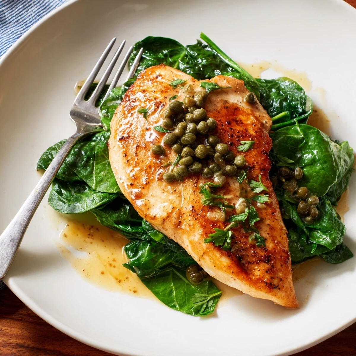 Golden-brown pan-seared chicken cutlets draped in a glossy lemon butter sauce, served over a bed of fresh wilted spinach.