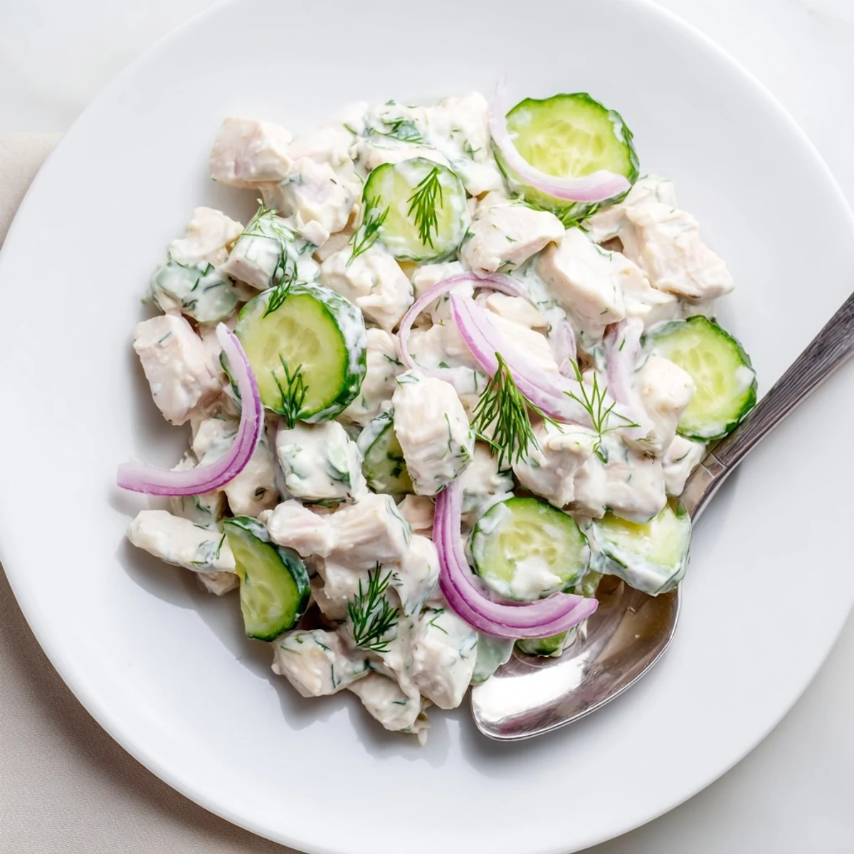 Close-up of Creamy Cucumber Chicken Salad showing shredded chicken and thinly sliced cucumbers coated in a creamy yogurt dill dressing, highlighting the fresh, vibrant texture.