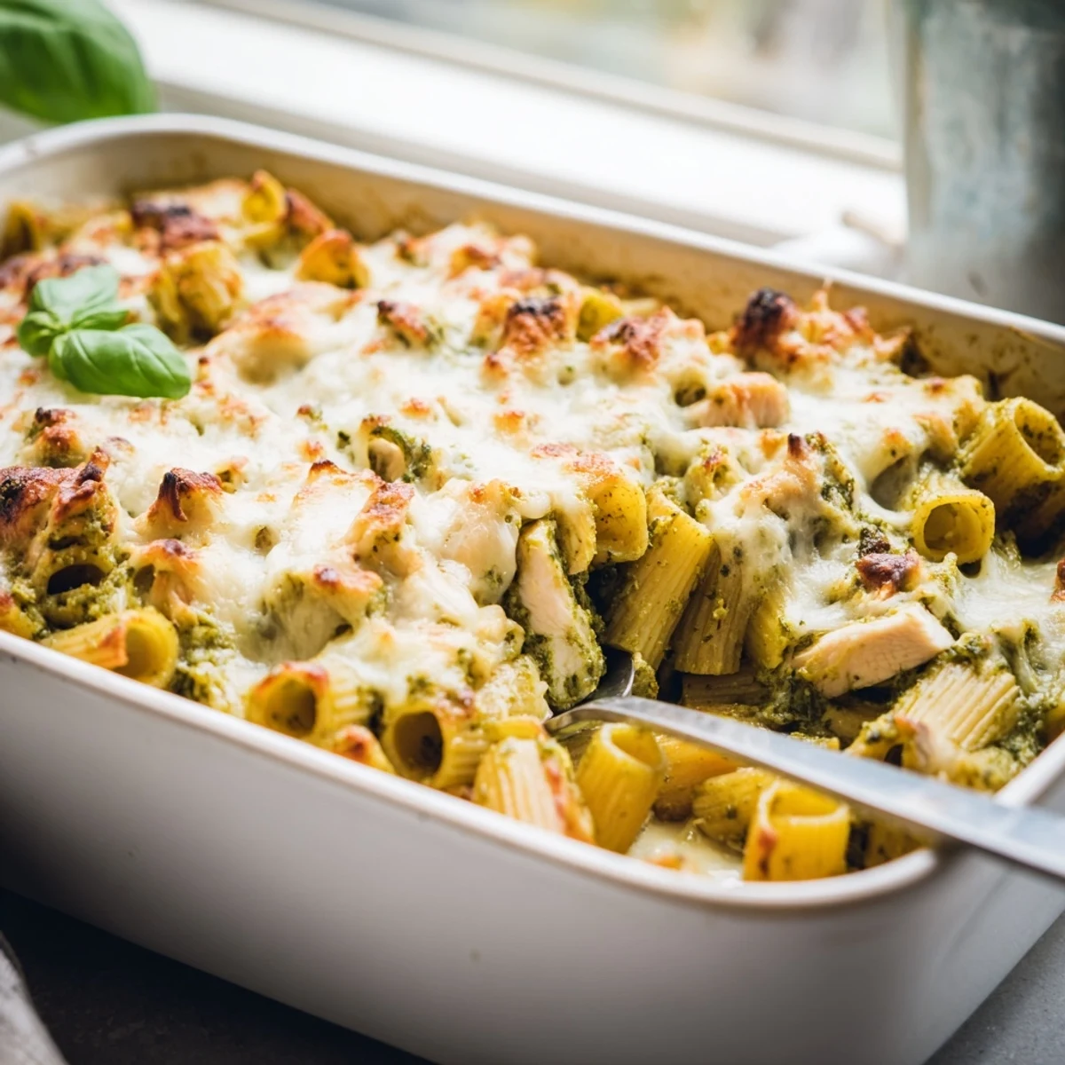 Fresh basil pesto and tender chicken in a cheesy baked pasta casserole.
