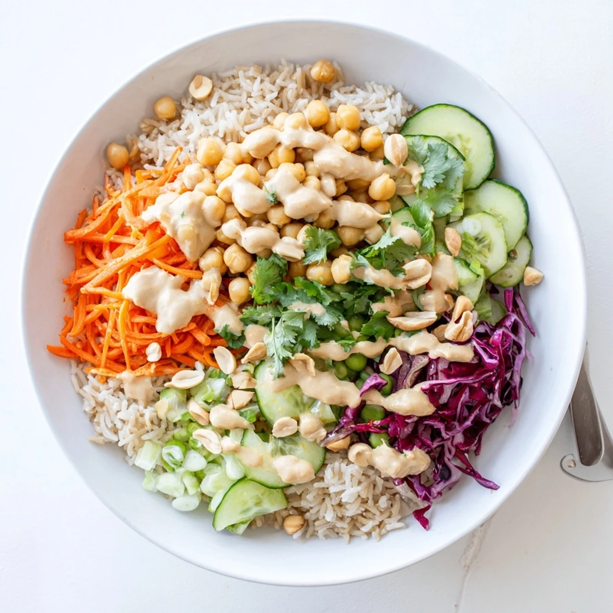 This easy vegan Peanut Chickpea Rice Bowl features fluffy brown rice, chickpeas, and colorful veggies drizzled with creamy peanut dressing.