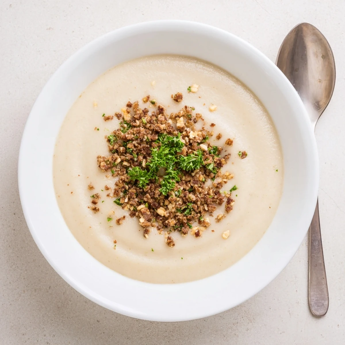 Velvety roasted celeriac soup in a rustic bowl, topped with crunchy hazelnut crumble and fresh parsley, ready to serve.  