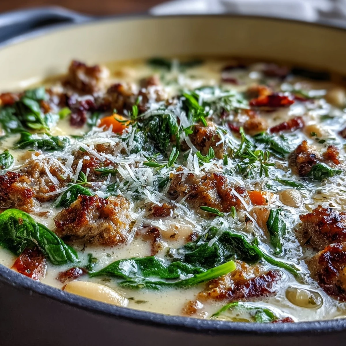 Epic Creamy Tuscan White Bean Soup With Sausage steaming in a rustic bowl, topped with grated Parmesan and fresh spinach.