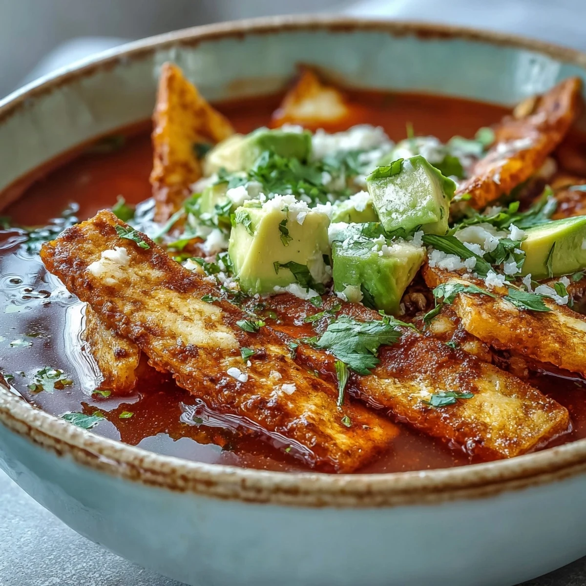 Crumbled panela cheese and diced avocado top a warm bowl of Sopa Azteca, garnished with fresh cilantro.
