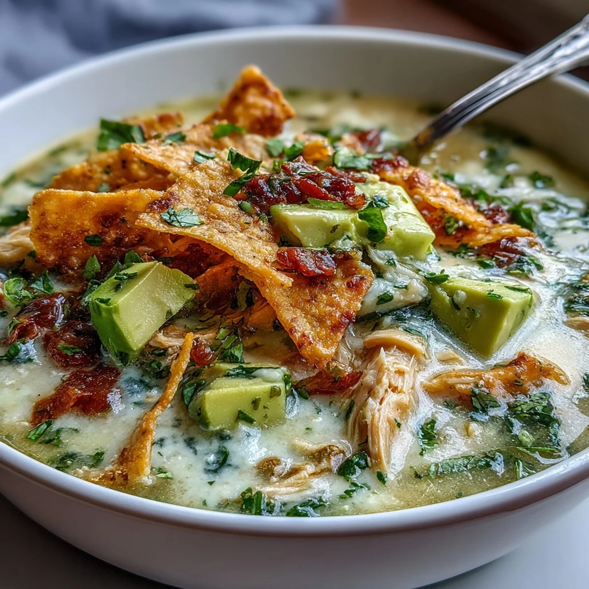 Creamy Chicken Tortilla Soup simmering in a rustic pot, topped with diced avocado, crushed tortilla chips, and fresh cilantro.
