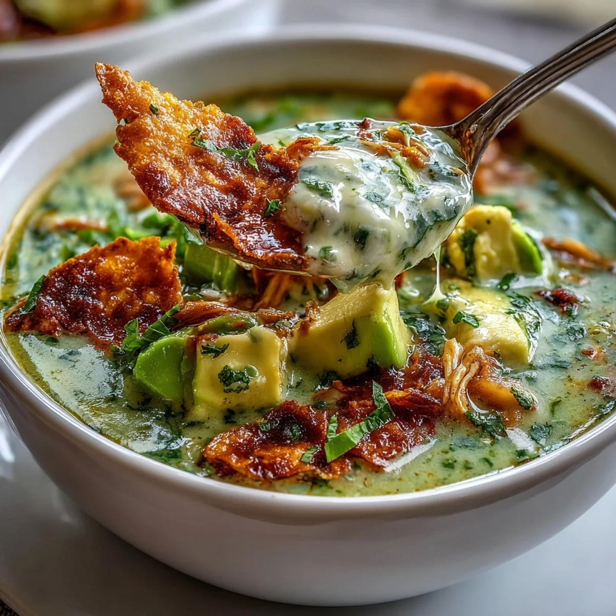 A bowl of Creamy Chicken Tortilla Soup garnished with lime wedges and melted cheese, ready to serve for a comforting meal.