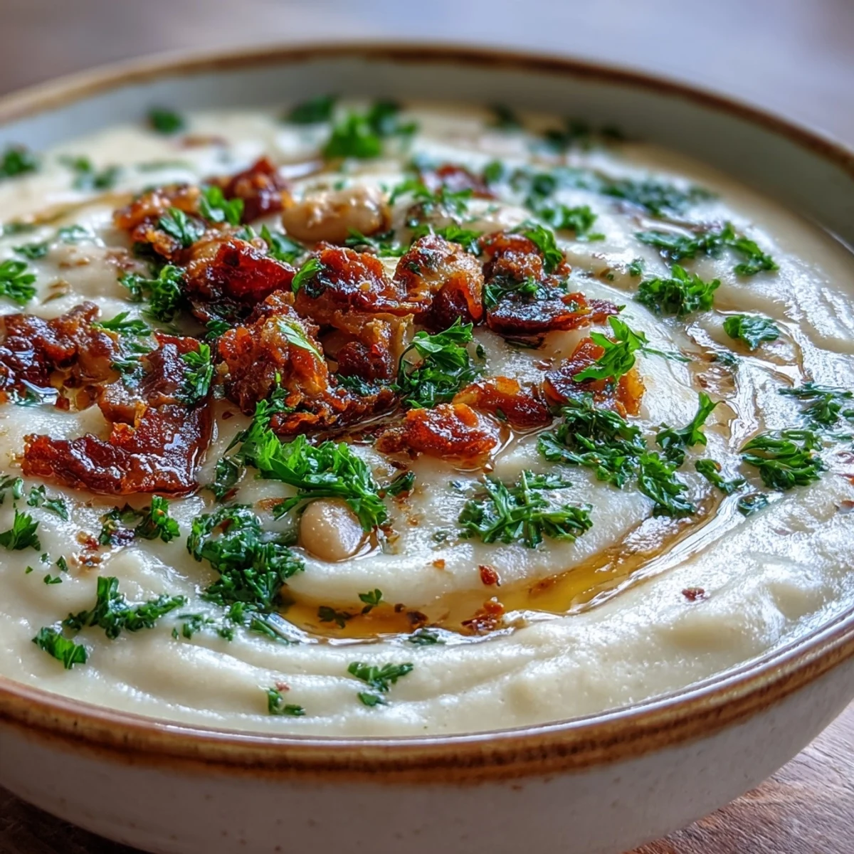 Creamy Tuscan White Bean Soup with crispy pancetta and sun-dried tomatoes, steaming in a rustic bowl.