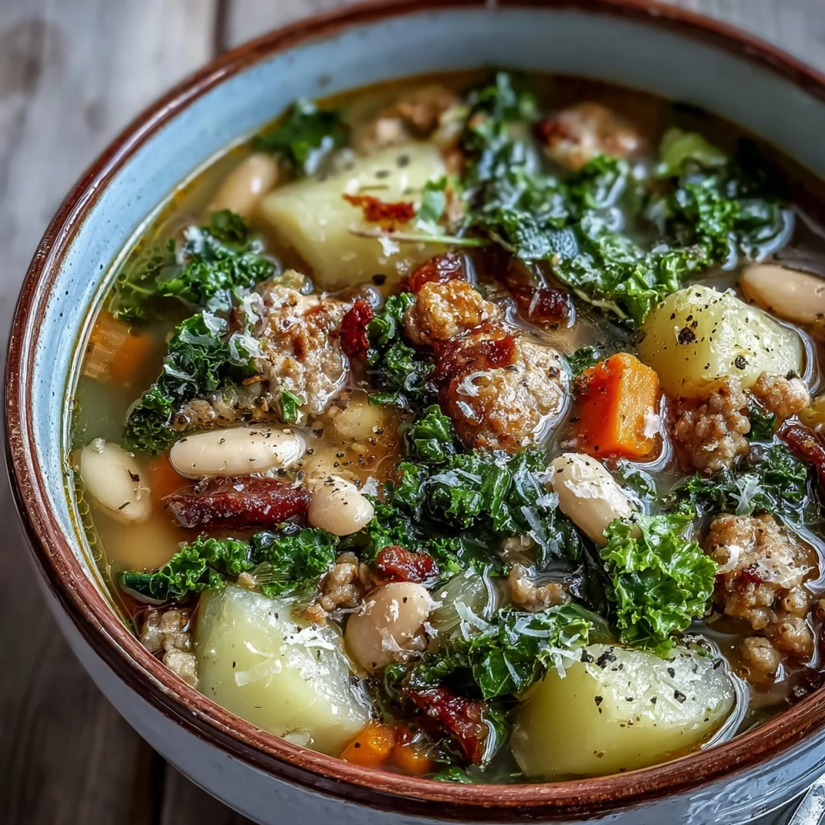 A bowl of Tuscan White Bean Sausage Soup with hearty sausage, creamy beans, and wilted kale served with grated Parmesan.