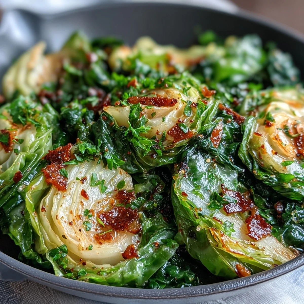 Sautéed Cabbage With Garlic and Mediterranean Spices with caramelized edges and fresh parsley garnish.
