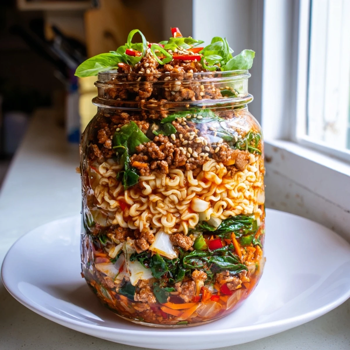 Comforting Spicy Ramen Lasagne Soup Jars served warm, garnished with fresh herbs and chili.  