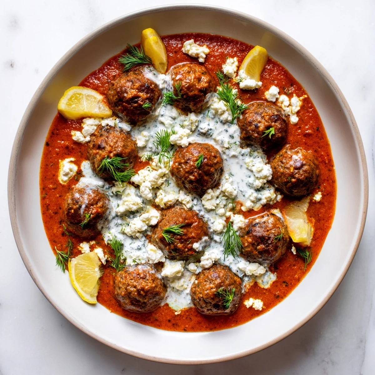 A close-up of tender Instant Pot Greek-Style Meatballs, simmering in tomato sauce, ready to serve.