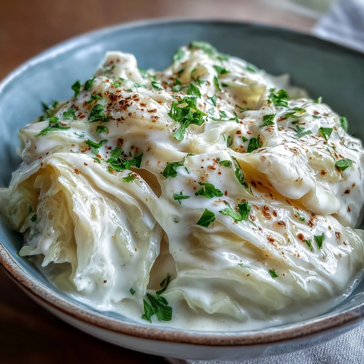 Chopped yellow onion and shredded cabbage sautéing in butter before adding milk to make Creamed Cabbage.