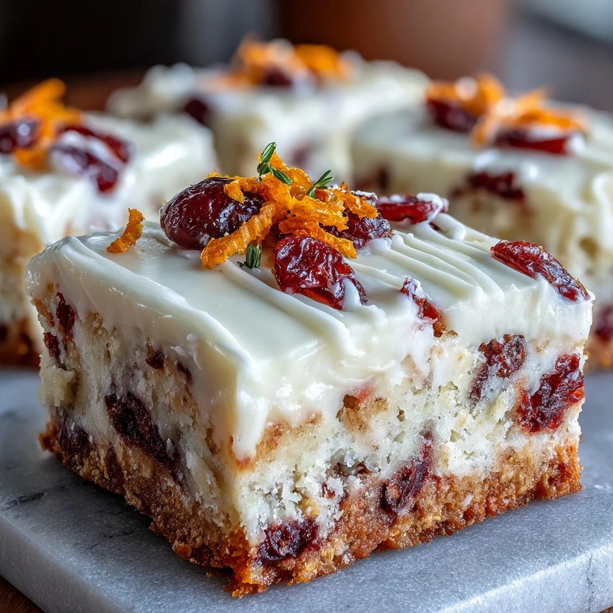Freshly baked Cranberry Bliss Bars with buttery cranberry studded base, orange cream cheese frosting, and white chocolate drizzle on a cooling rack.