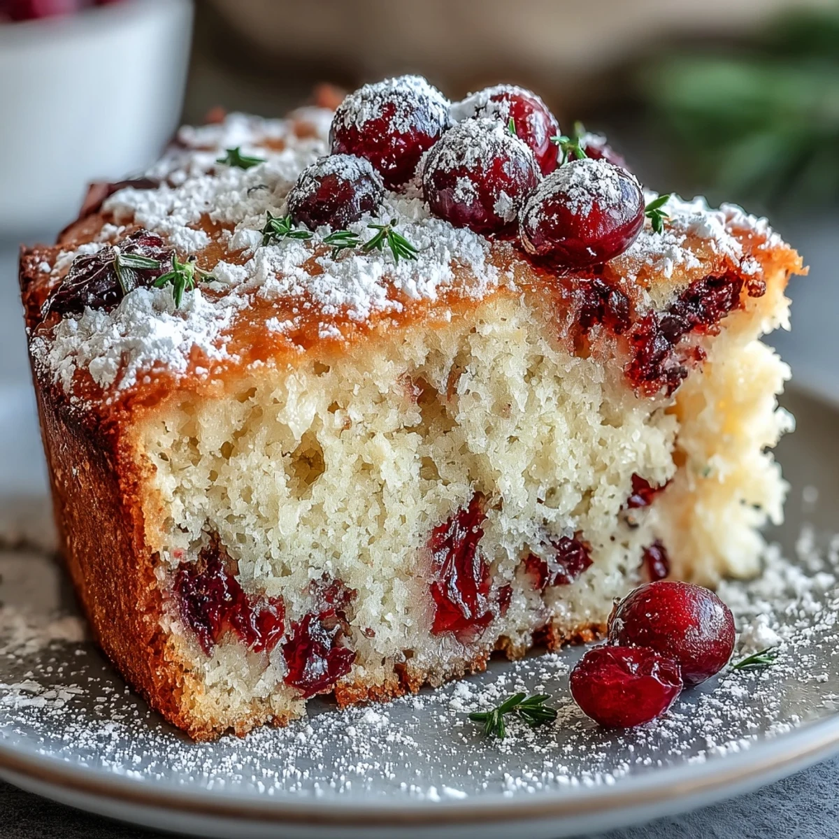 Freshly baked Cranberry Orange Breakfast Cake with a tender crumb, dusted with powdered sugar and bursting with tart berries.