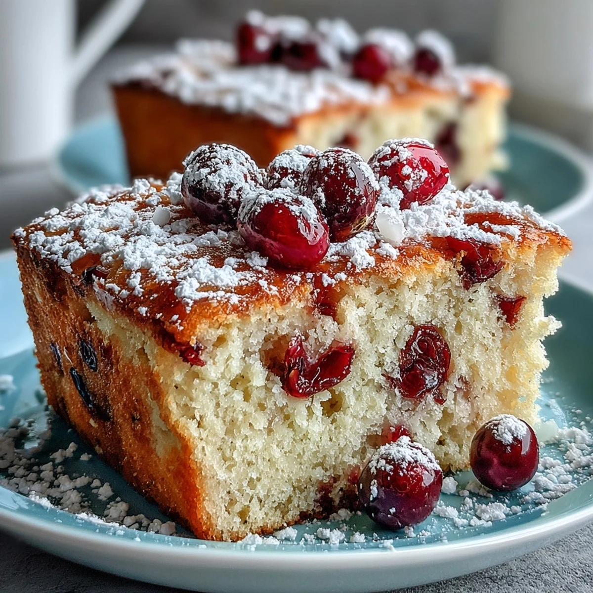 Warm slices of Cranberry Orange Breakfast Cake are served beside a steaming mug of coffee on a bright breakfast table.