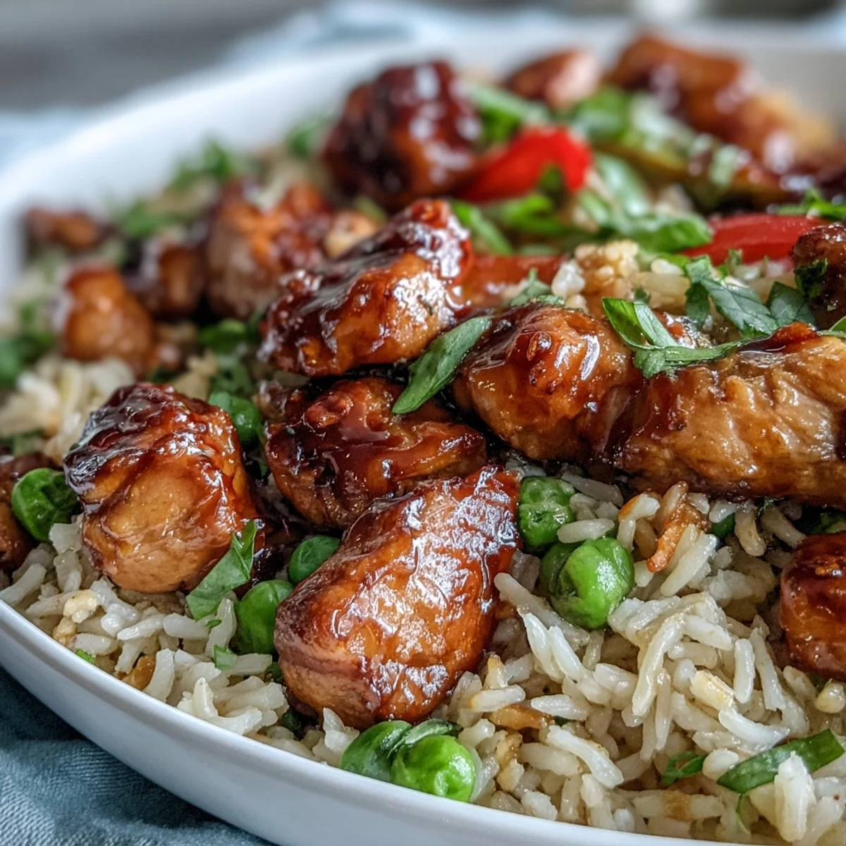 Vibrant bell peppers and peas mixed into glazed One-Pan Bold Honey BBQ Chicken Rice, garnished with fresh herbs.