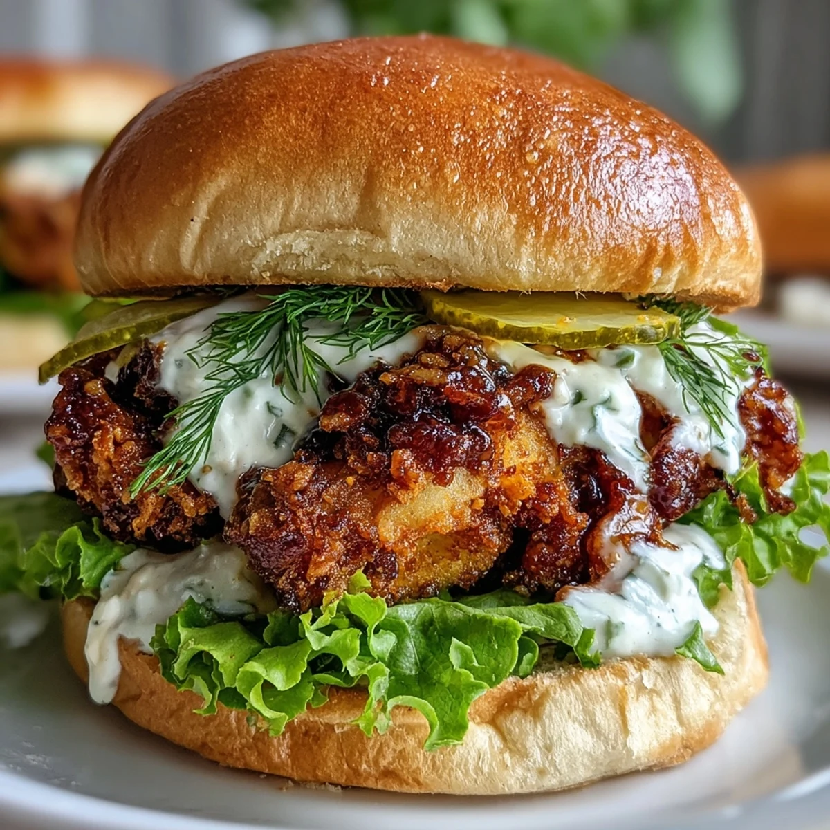 A close-up of the Spicy Chicken Sandwich revealing ultra-crispy breading and a luscious, tangy sauce inside the toasted bun.
