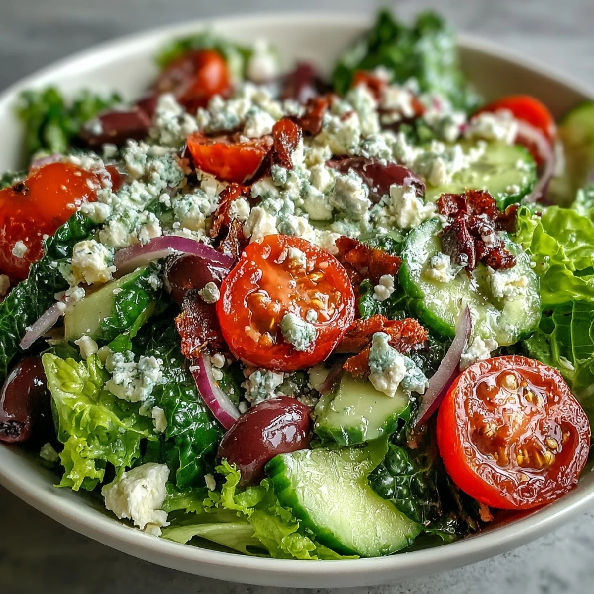 Freshly tossed Greek Salad Bowl with crunchy cucumbers, briny Kalamata olives, and a tangy vinaigrette dressing.