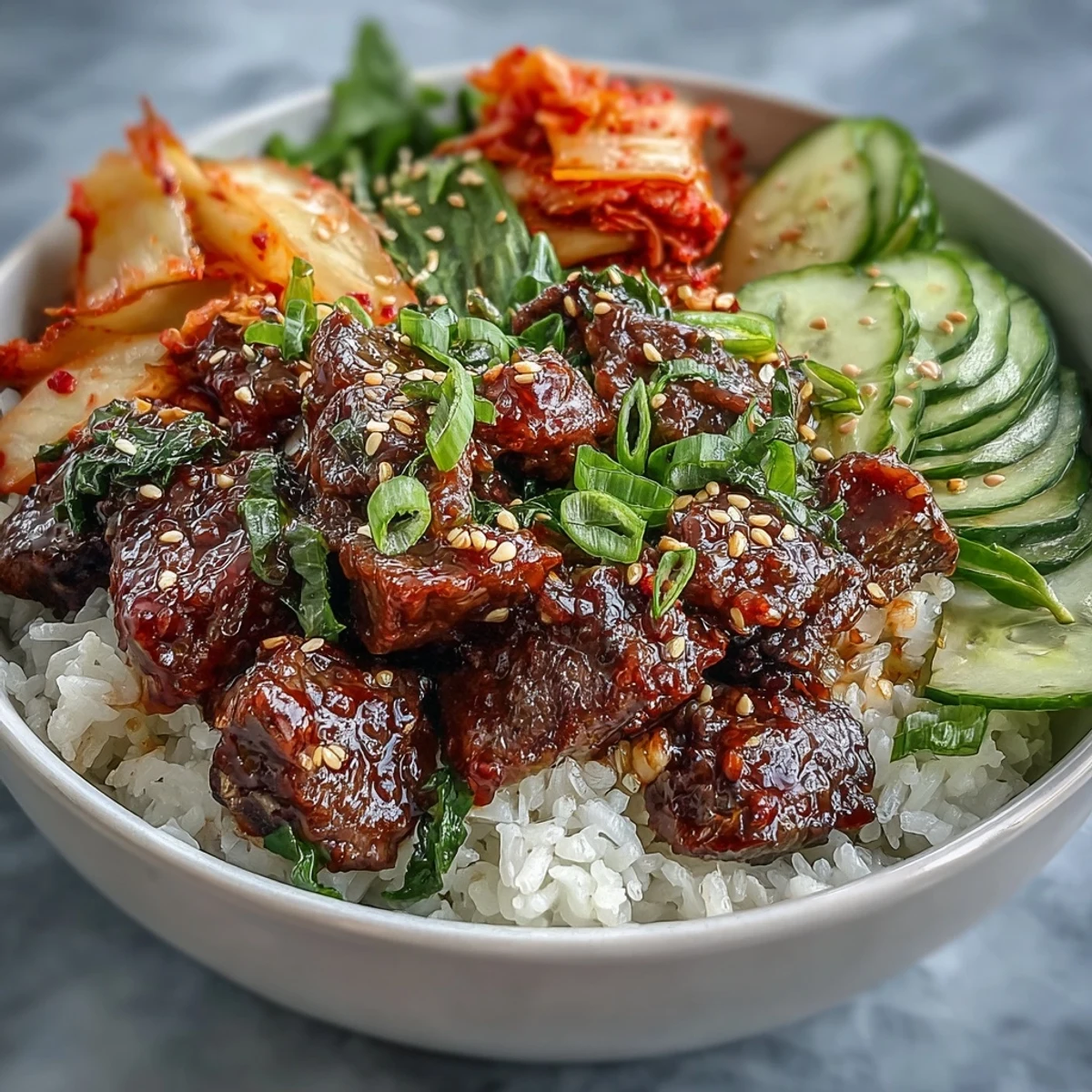 Freshly cooked Korean Beef Bowl with spicy gochujang ground beef, steamed white rice, crisp cucumber, and colorful pickled vegetables.  