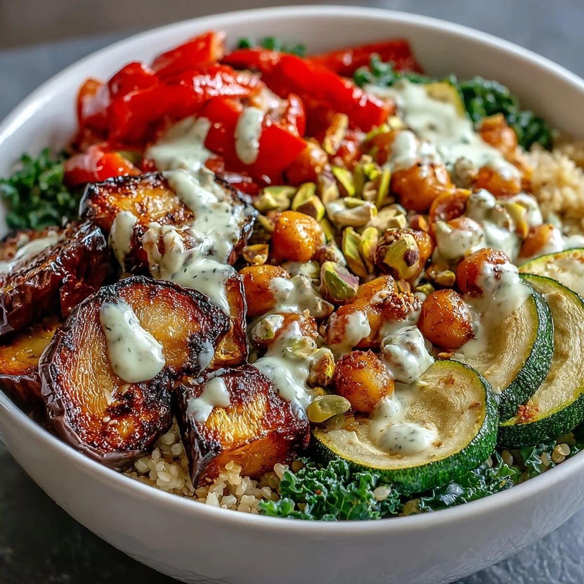 Mediterranean Buddha Bowl Meal Prep showcases bulgur pilaf with pistachios, roasted eggplant, steamed kale, and zucchini with creamy tahini dressing.