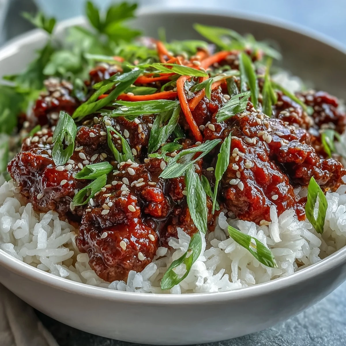 Fork-tender Korean Beef Bowl with savory gochujang sauce and crisp cucumber garnish over fluffy white rice.
