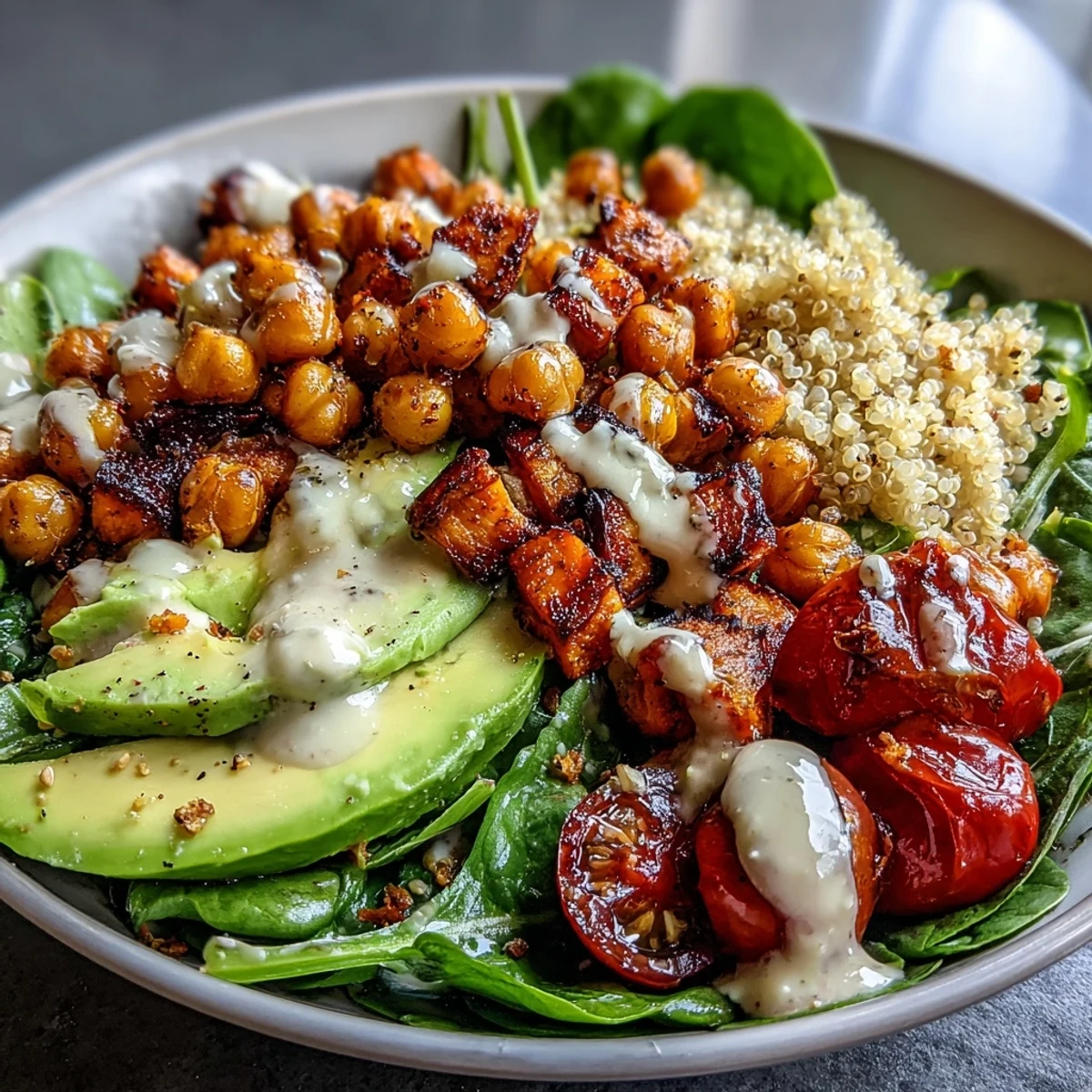 A vibrant Buddha Bowl with quinoa, golden roasted sweet potatoes, and crunchy chickpeas topped with creamy garlic tahini dressing.