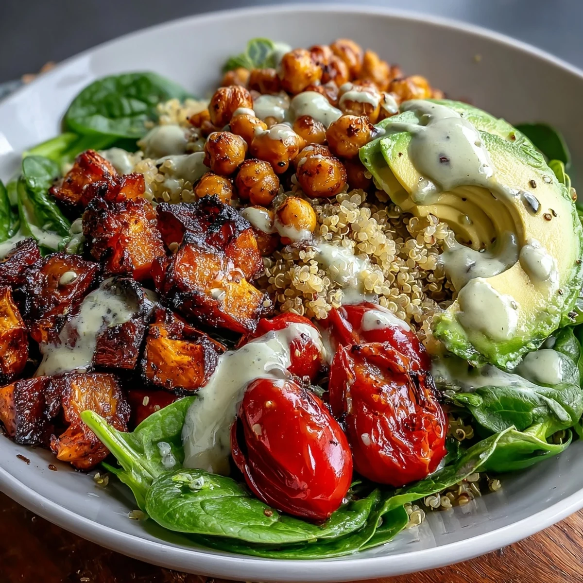 Colorful vegan Buddha Bowl with quinoa, crispy chickpeas, roasted sweet potatoes, and creamy garlic tahini dressing, served for dinner.