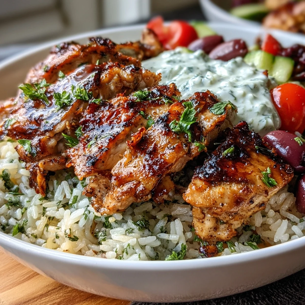 A deconstructed Greek chicken bowl with colorful vegetables, fluffy rice, and tangy tzatziki, served with lemon wedges.