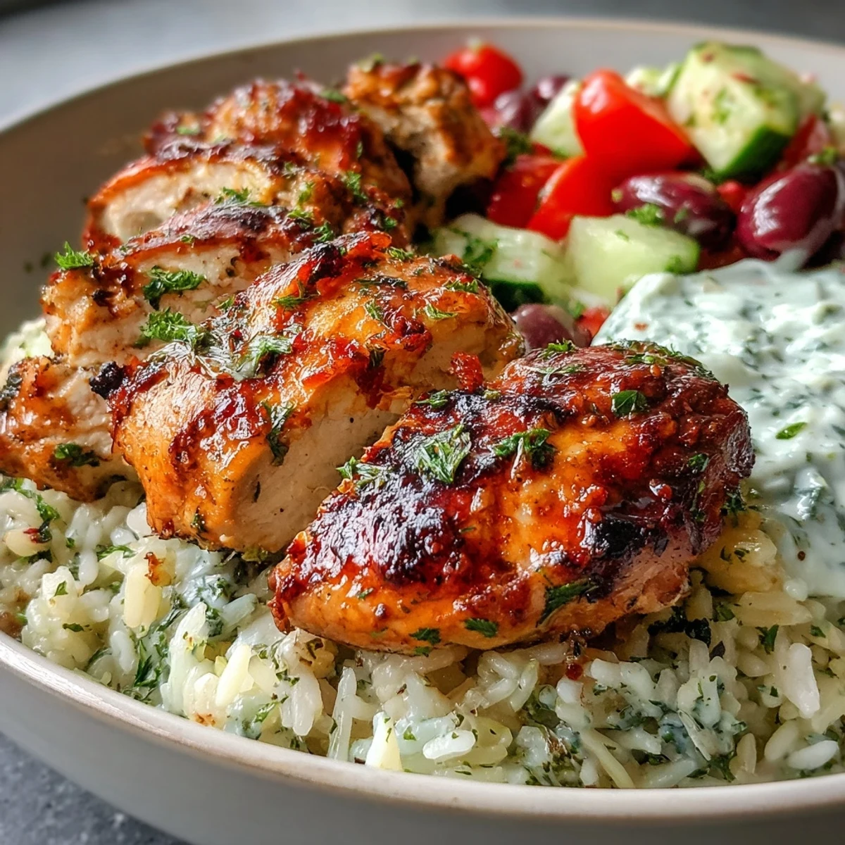 Sliced Greek chicken with herbed rice, tomato-cucumber salad, olives, and creamy tzatziki on a light plate.