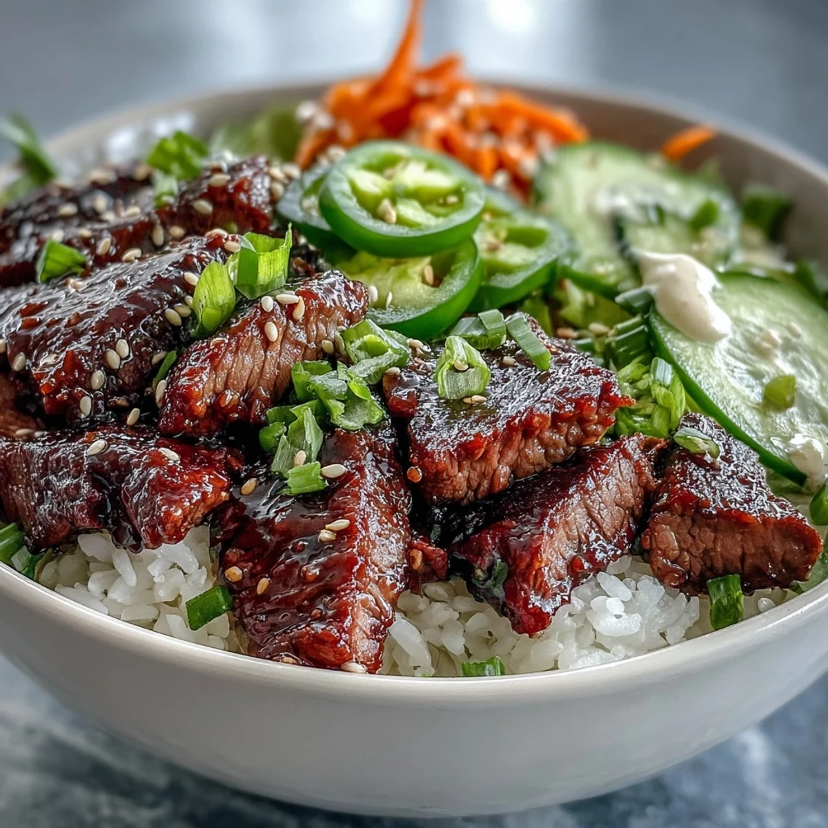 Fluffy rice and sesame-ginger beef piled high in a bowl, topped with tangy pickled carrots and crisp cucumber slices.  
