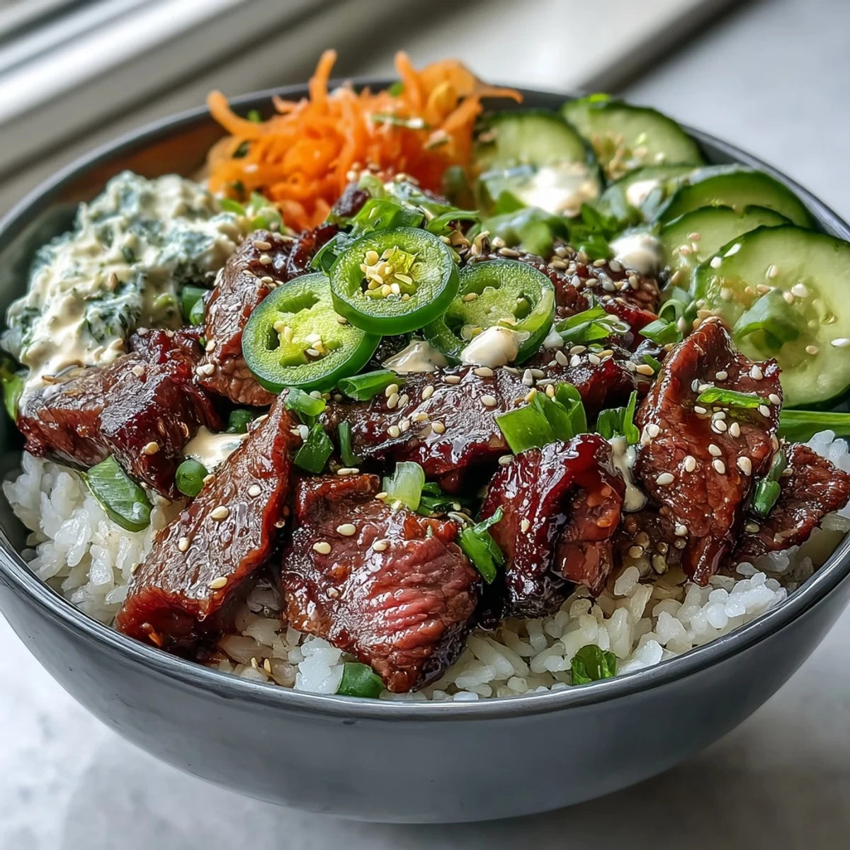 A colorful Korean Beef Power Bowl with spicy jalapeños, green onions, and a drizzle of creamy sriracha mayo.  