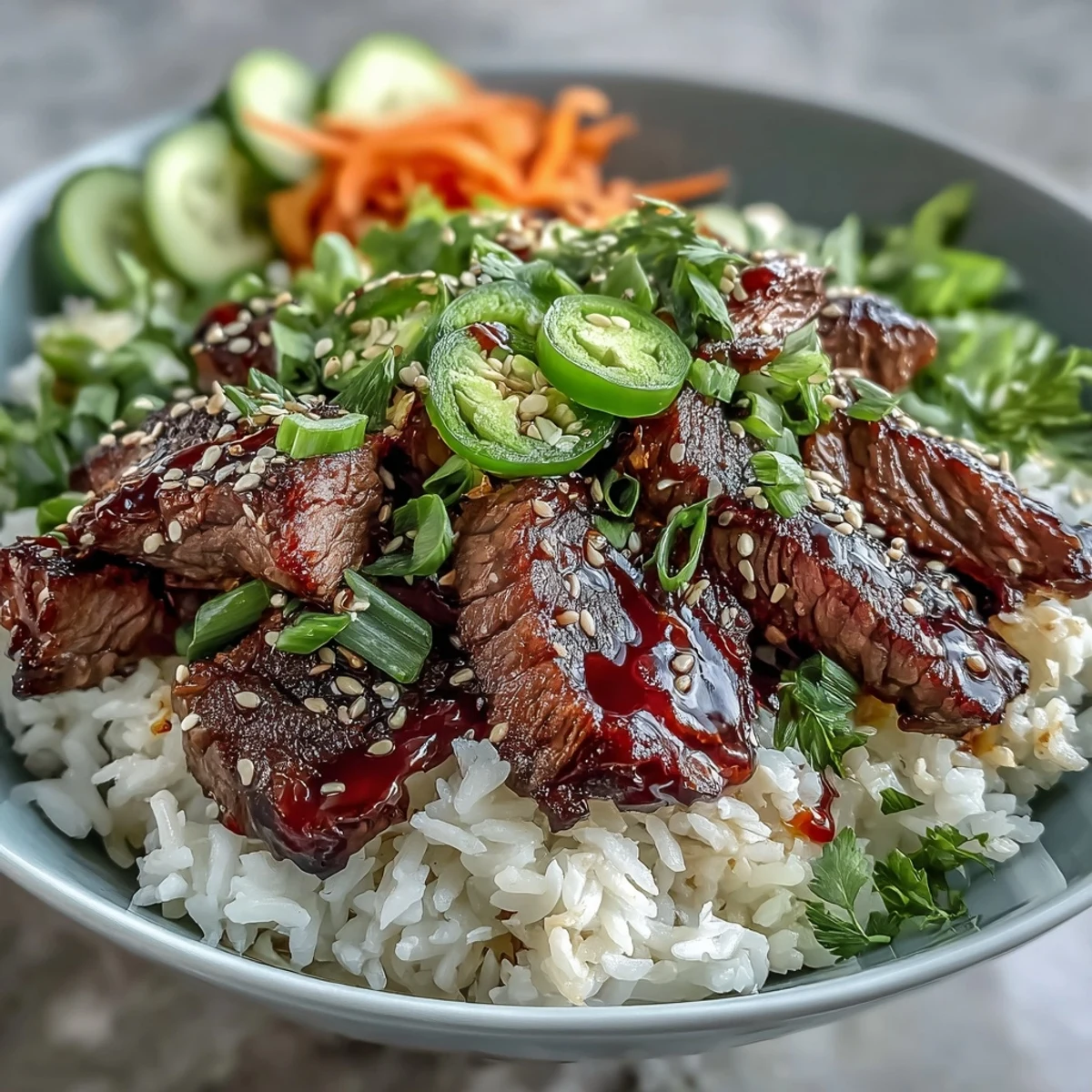 Tender marinated beef layered over jasmine rice with pickled carrots, cucumbers, and a spicy sriracha mayo drizzle.