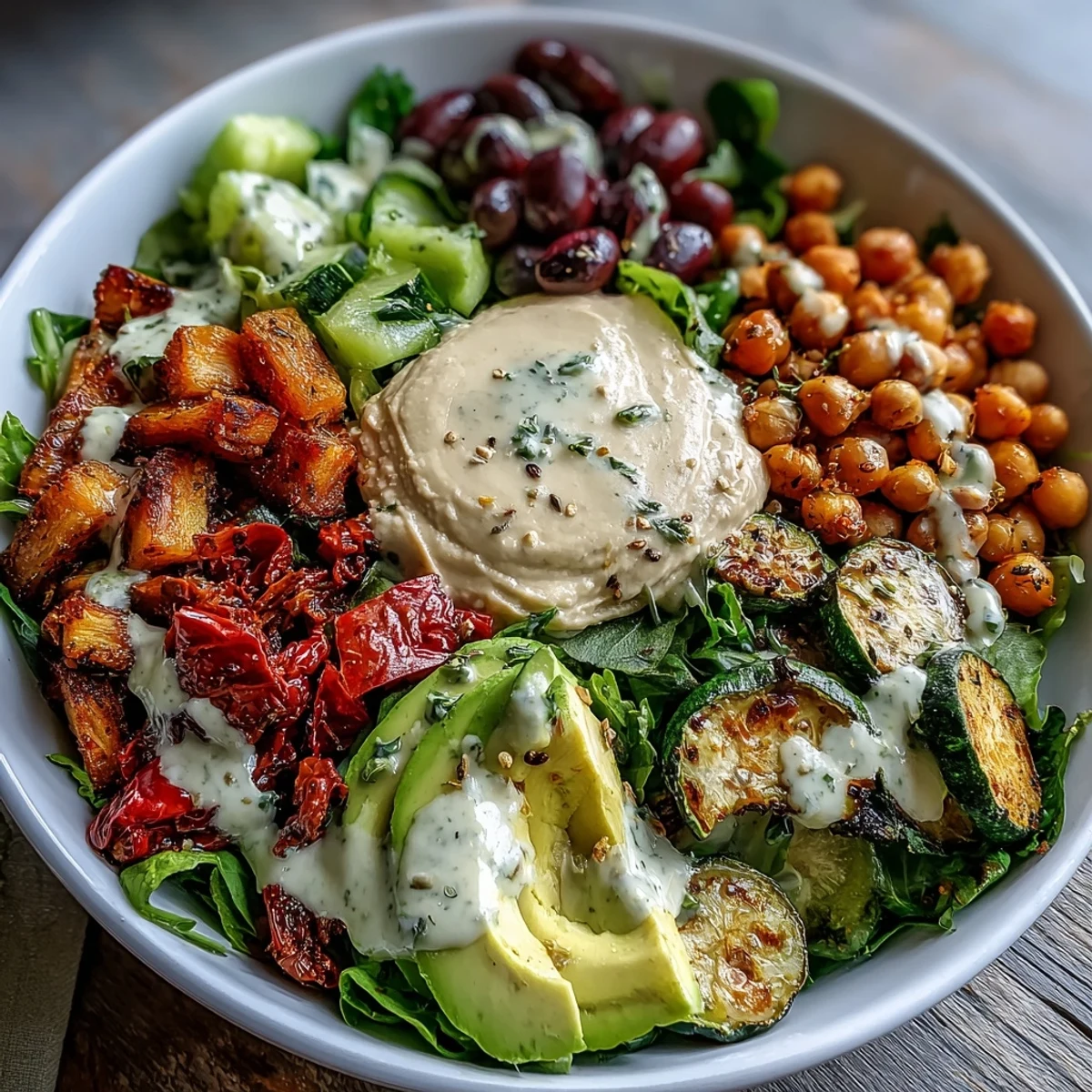 Roasted Mediterranean vegetables and creamy avocado top a vibrant Vegan Mediterranean Buddha Bowl with hummus and tahini dressing.