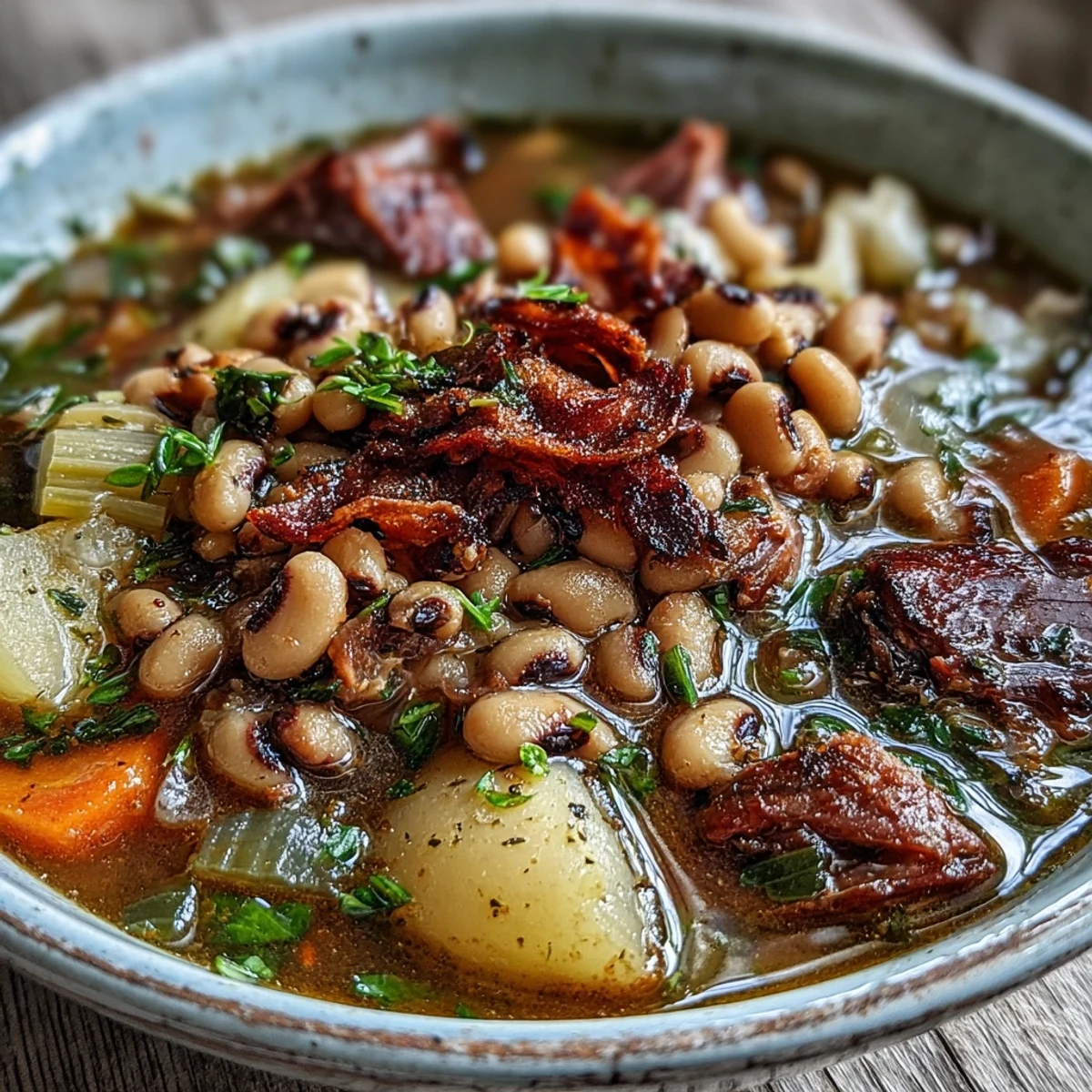 Steaming bowl of Black-Eyed Pea Stew with Smoked Ham Hocks, served with cornbread.
