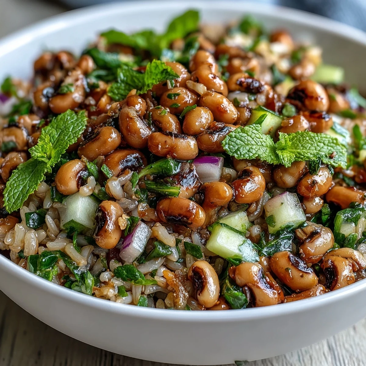 Fork-tender Southern Black Eyed Pea Salad with brown rice and crisp red onion, tossed in a zesty lemon mint vinaigrette.