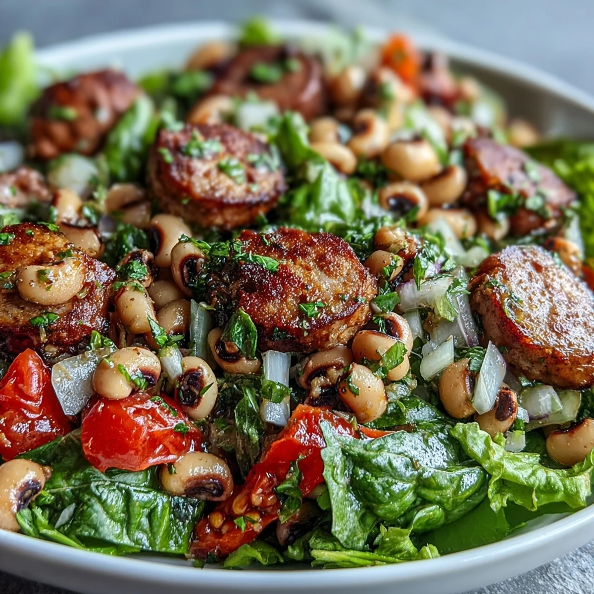 A close-up of Hoppin John Style Black-Eyed Pea Salad with turkey sausage, red peppers, and fresh tarragon on mixed greens.