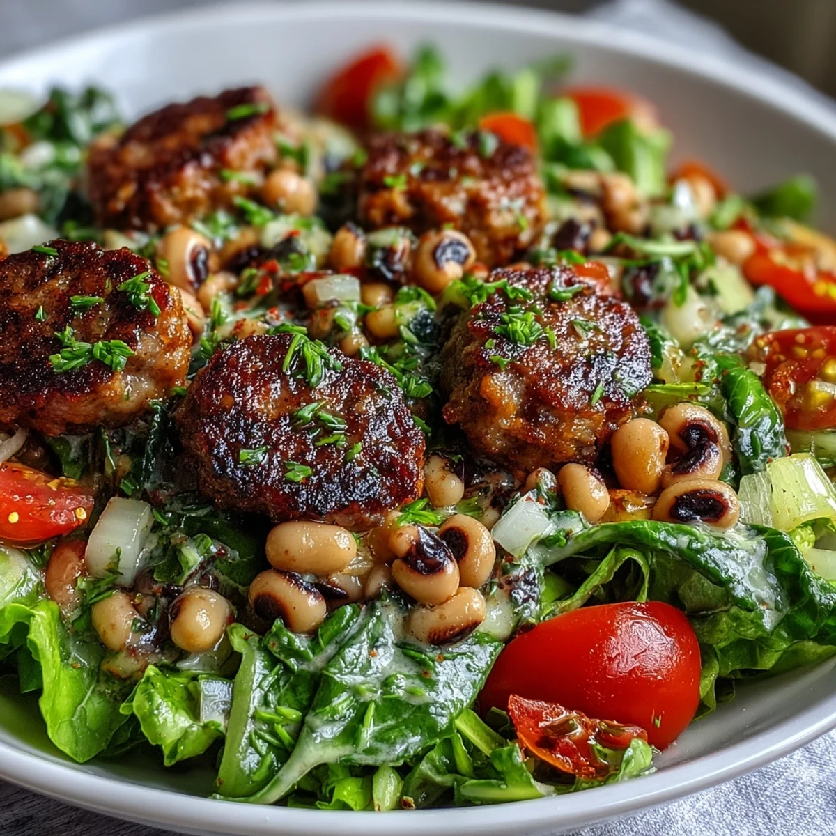 Dressed Hoppin John Style Black-Eyed Pea Salad with turkey sausage served on a white plate, garnished with tarragon.