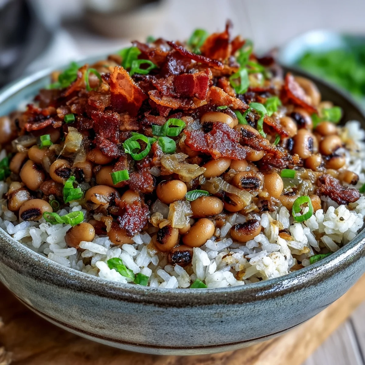 A serving of Hoppin' John with black-eyed peas, smoky bacon, and fluffy rice, topped with scallions and hot sauce.