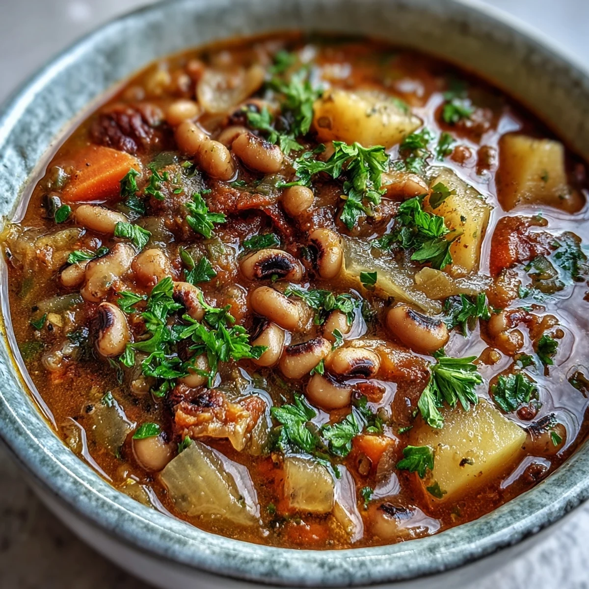 A hearty ladle of Black-Eyed Pea Stew with Chefs Touch showcases colorful potatoes and carrots.