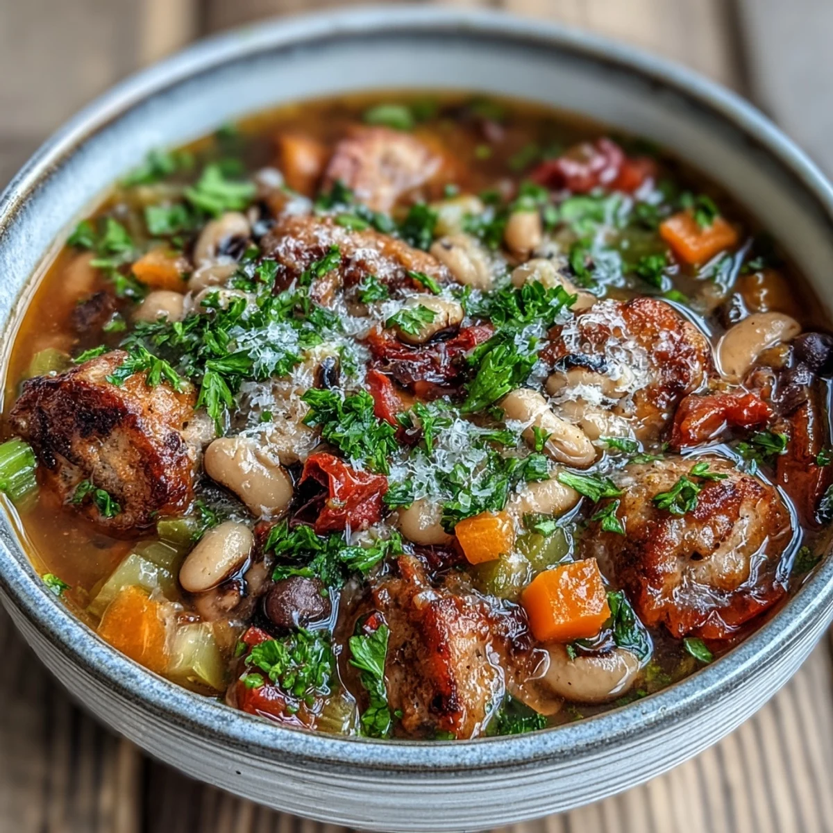 Hearty Black-Eyed Peas and Sausage Soup simmering with Italian sausage and red bell pepper in a rustic bowl.
