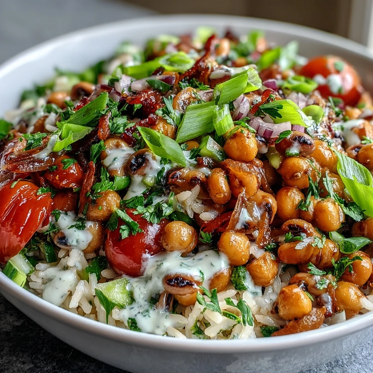 A large serving bowl of New Years Hoppin John Salad featuring chickpeas, black-eyed peas, diced vegetables, and fresh parsley garnish.