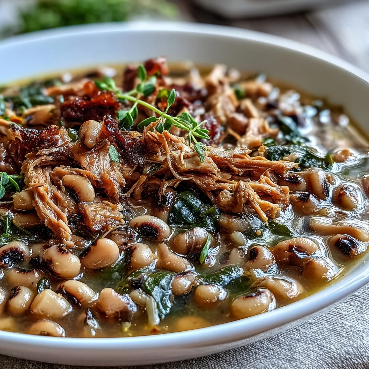 Crock-Pot Black-Eyed Peas with Smoked Turkey are served steaming in a bowl, ready to be paired with fluffy white rice for a Southern comfort meal. 